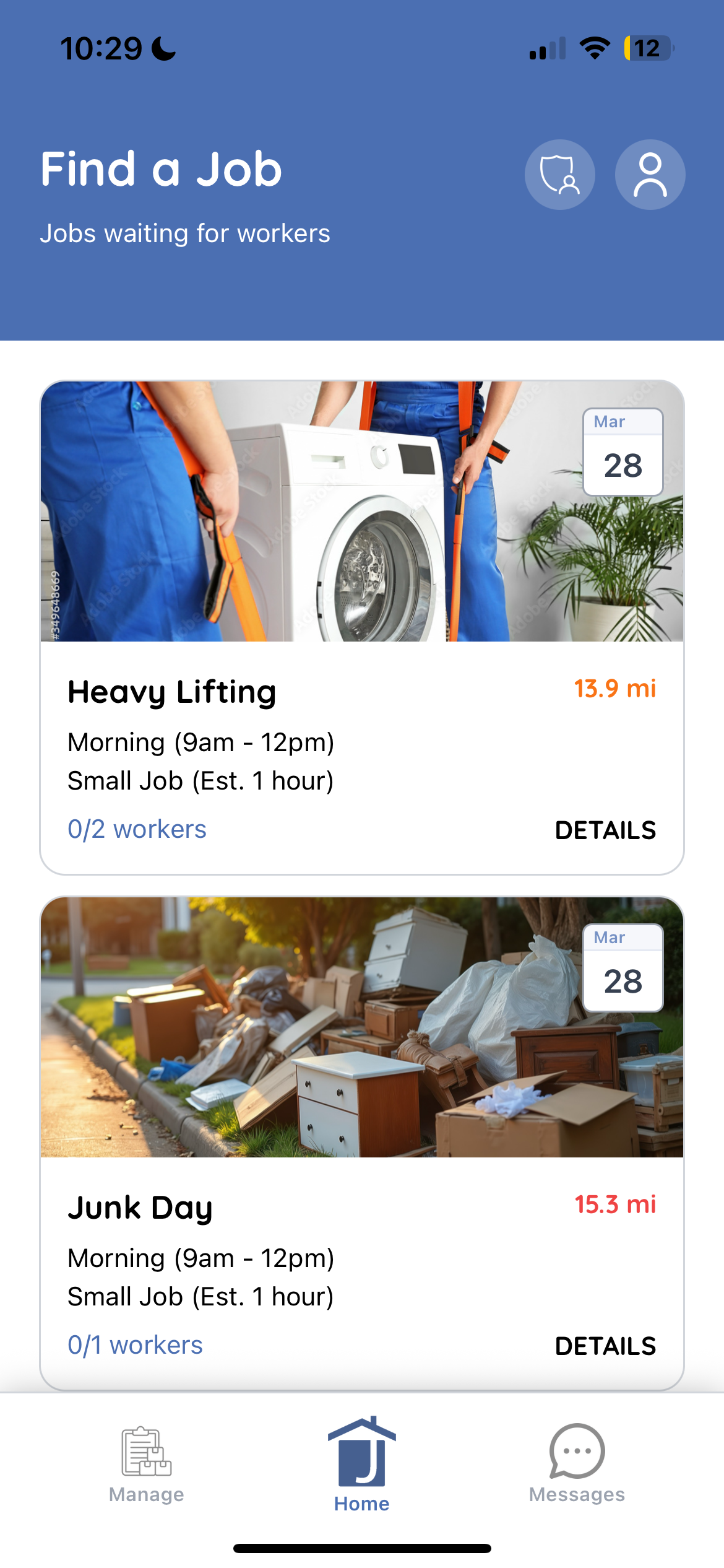 Joe's Odd Jobs worker app screen preview