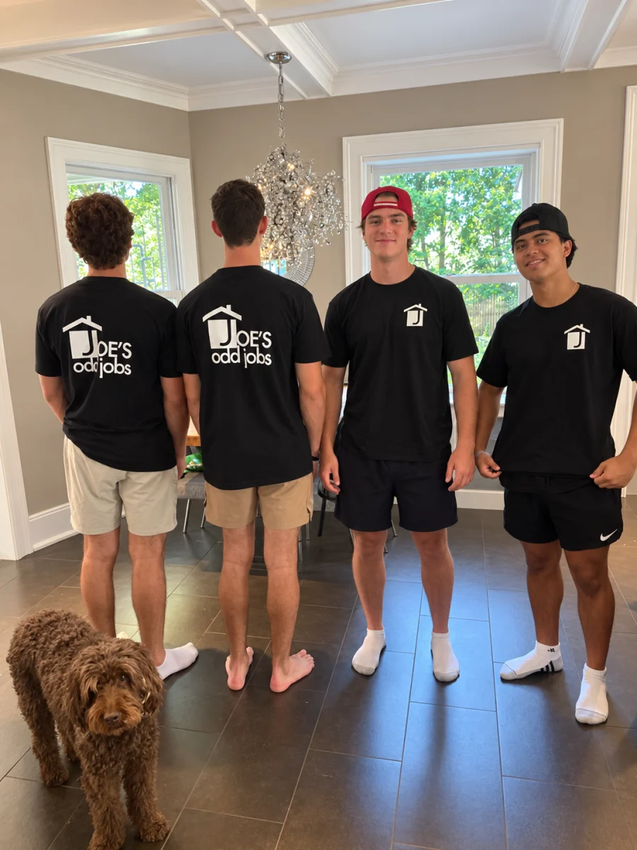 Four Joe's Odd Jobs workers wearing their crew shirts